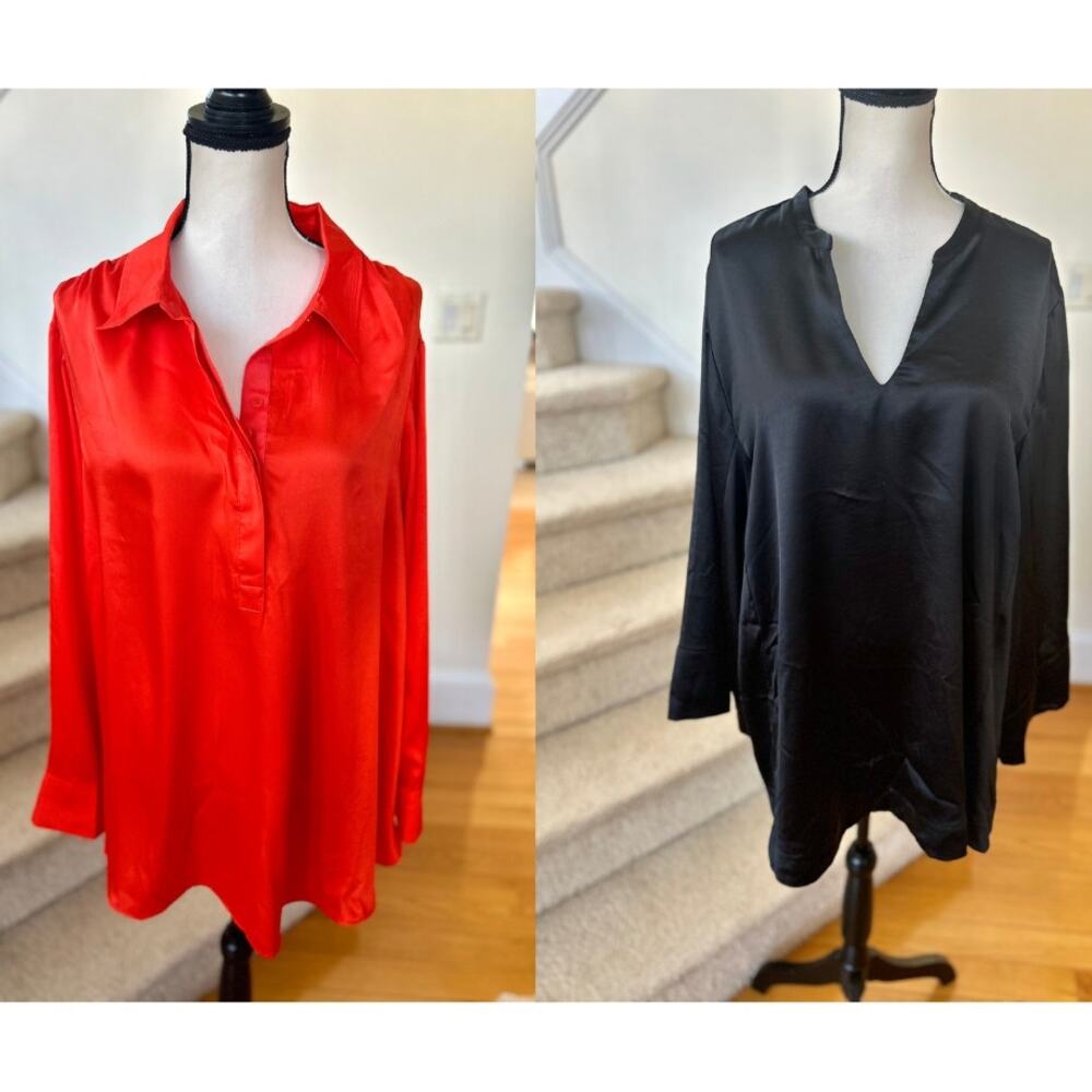 SET Lane Bryant Orange Satin Black Satin Long Sleeve Popover Tunic Blouse 22/24
